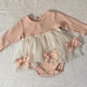 Mae Li Rose Shabby Chic Bow Tulle Tutu Dress Onesie Bodysuit Coquette 9-12M
